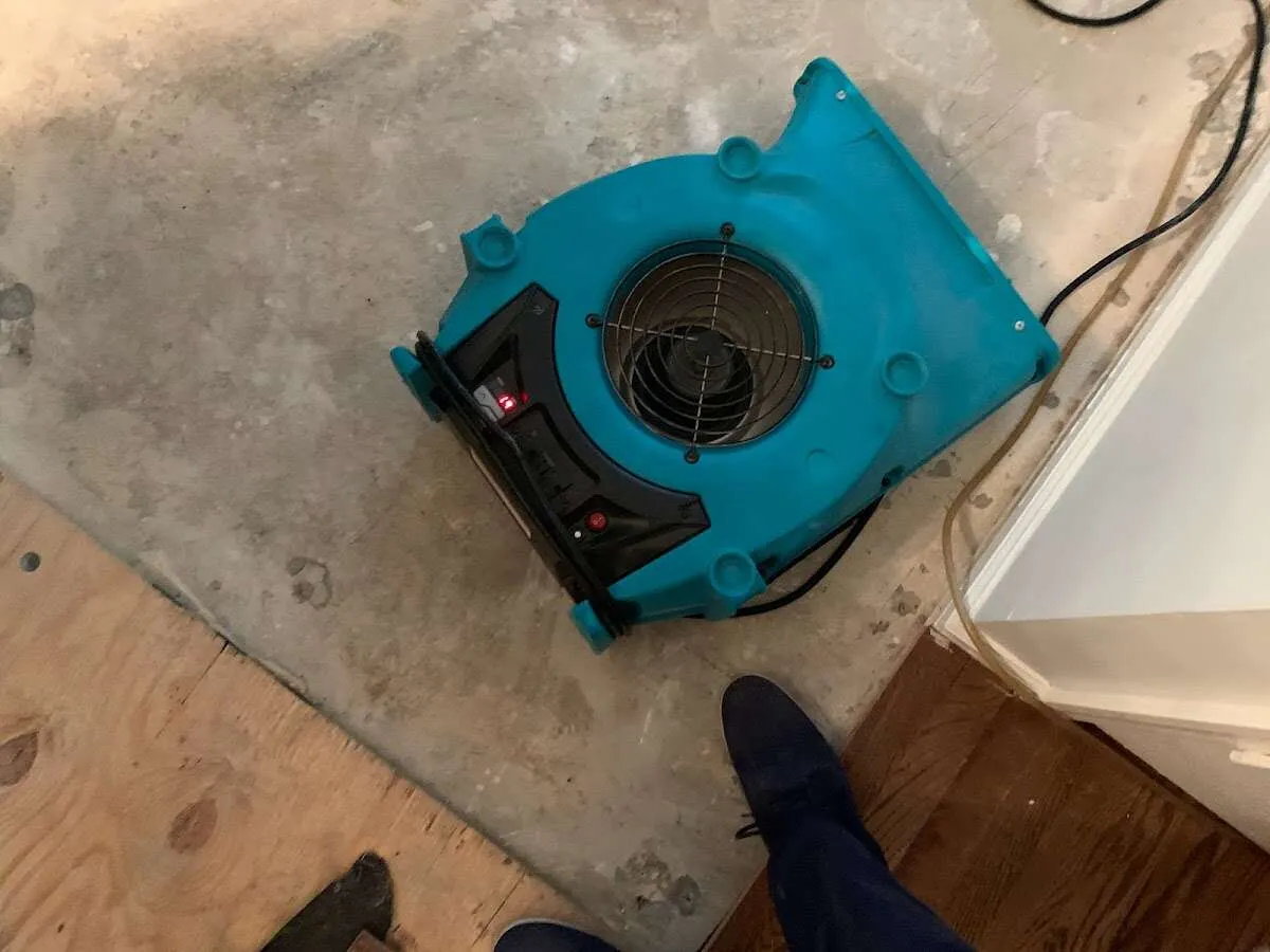 Air mover drying subfloor during Leak Detection & Repair in Crestwood